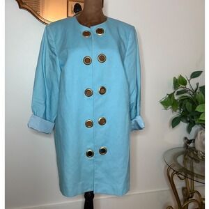 Bloomingdales Linen Coat Jacket Aqua Blue w/ Gold Eyelet Button Front‎ 14W XL